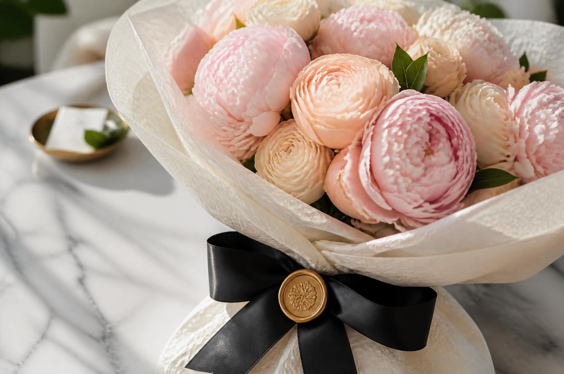 Maison Fleur hand-wrapped bouquet with black satin ribbon and gold wax seal