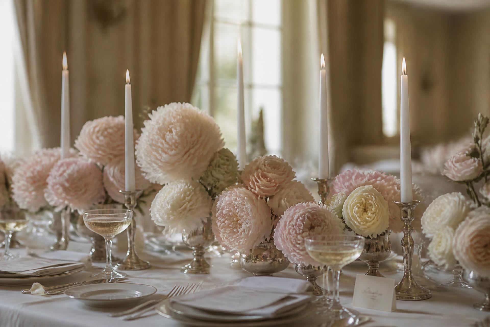 Luxury tablescape with candles and blush peonies