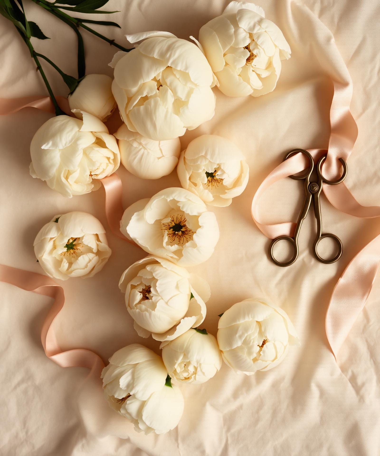 Ivory peonies scattered on cream linen